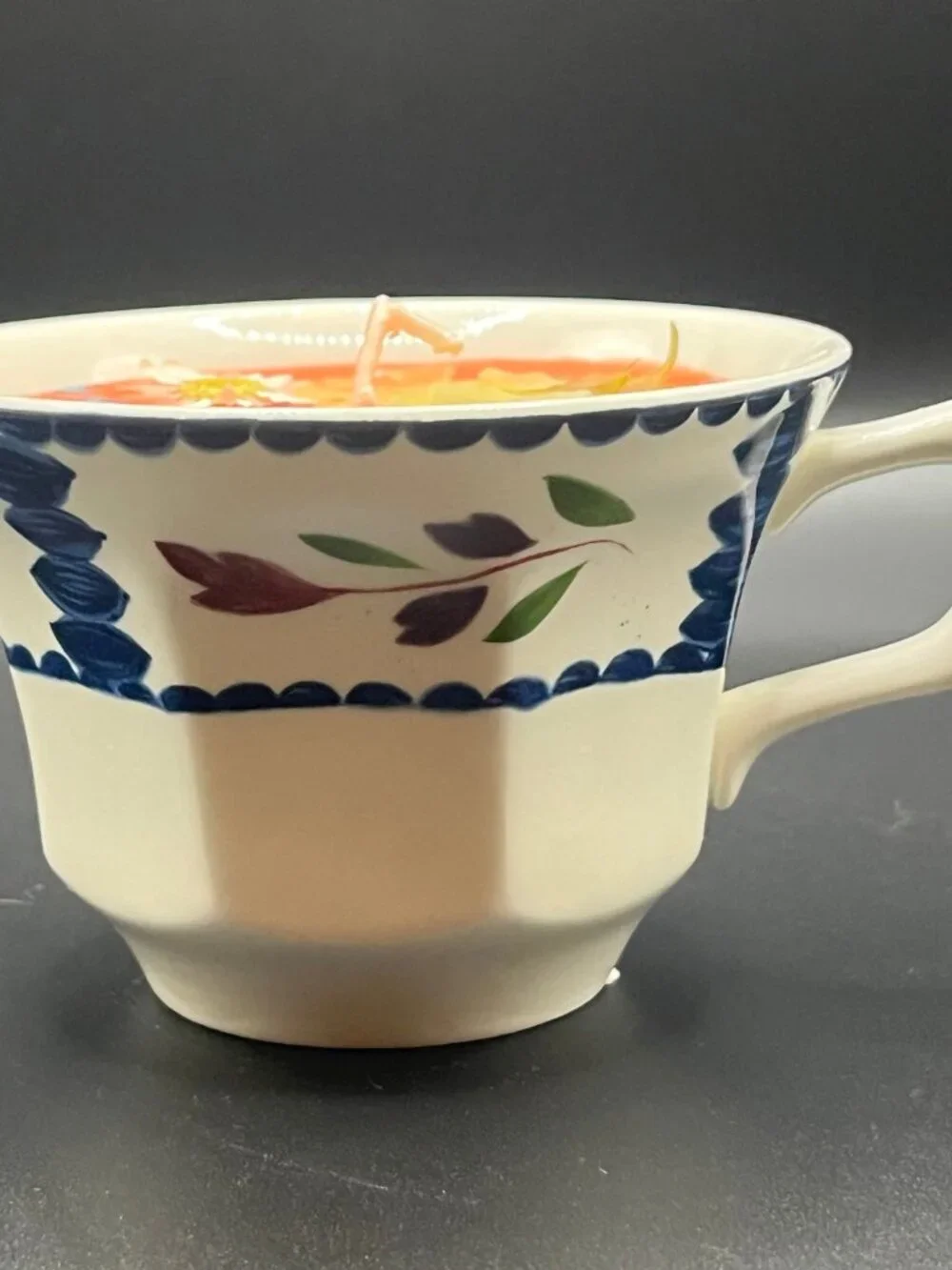 Coral Floral Soy Candle in Faceted Ceramic Teacup with Blue Botanical Border
